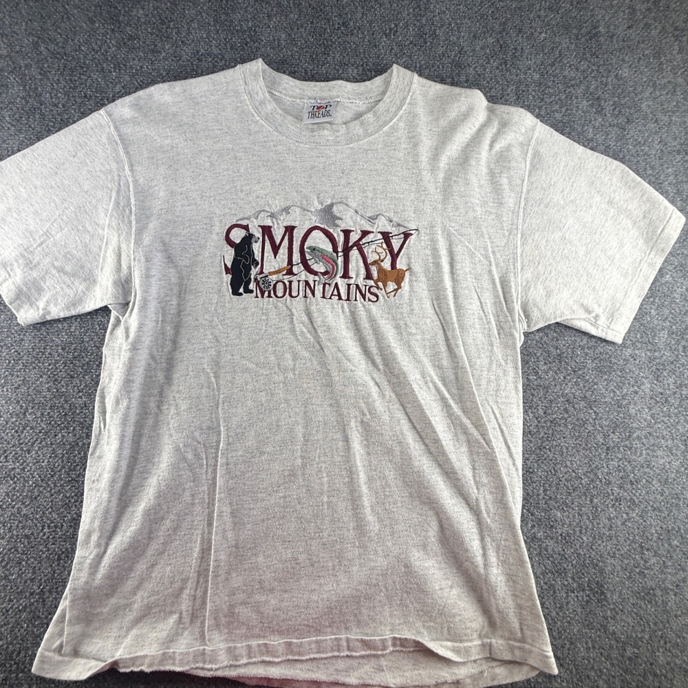 Top Threads Smoky Mountains Embroidered T-Shirt Gray Vintage Outdoors XL